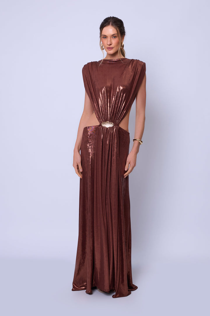Vestido Longo Decote Costas Celeste Bronze