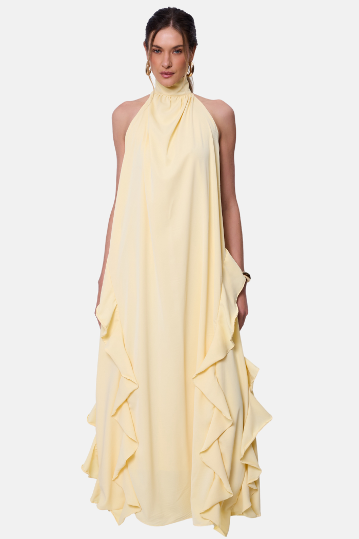 Vestido Longo  Frente Única Babado Amarelo Manteiga
