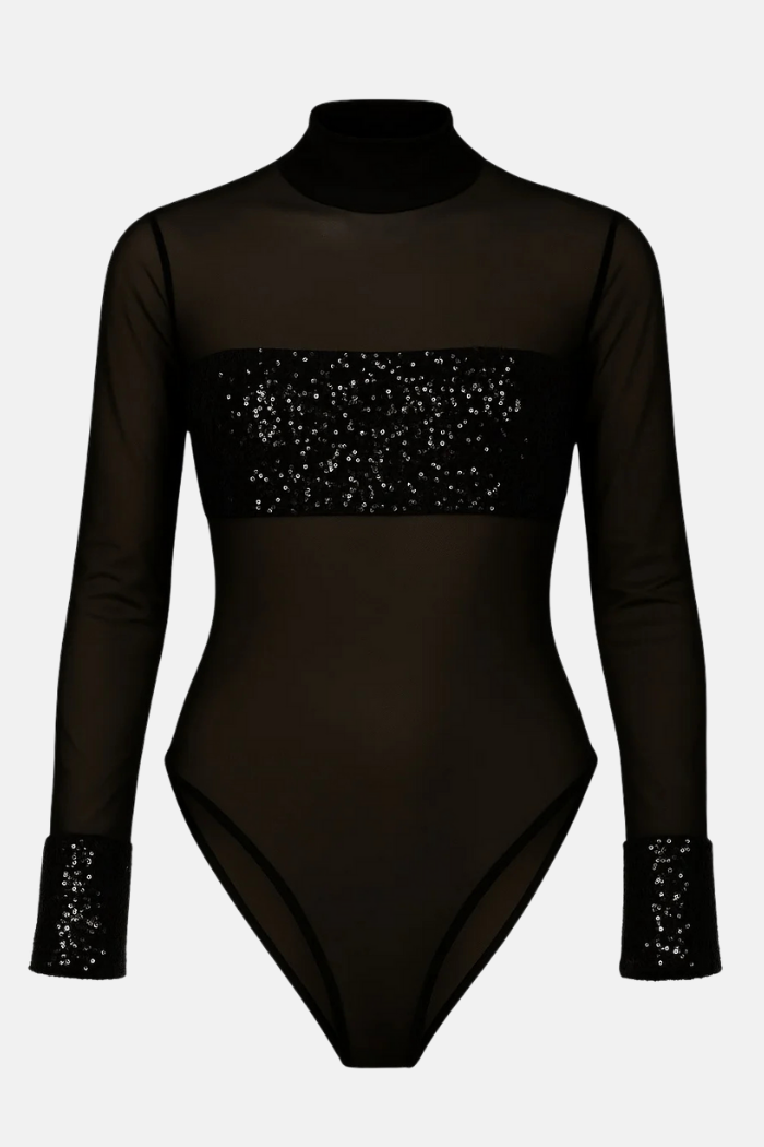 Body Transparente Tule Manga Longa Paetê Cingapura