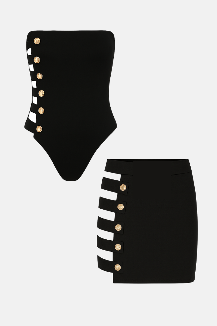Conjunto Maiô + Saia Recortes Botão Lala Preto