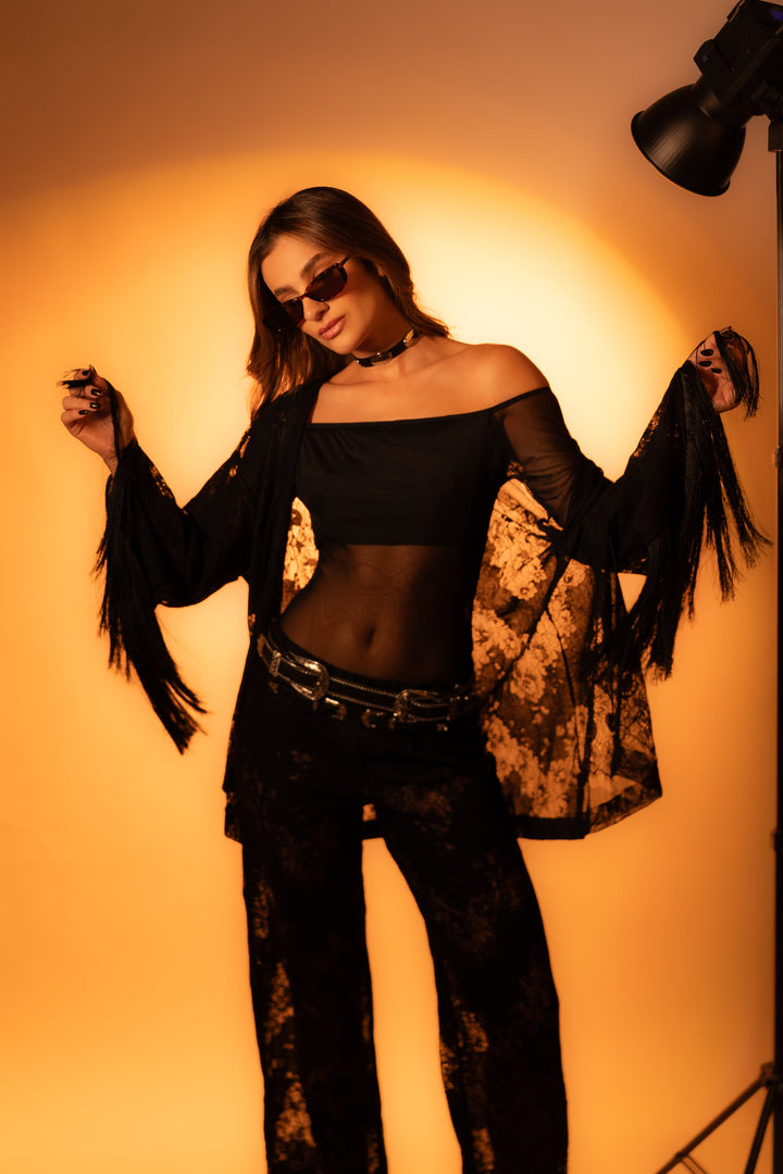 Conjunto Kimono + Calça Renda Preto